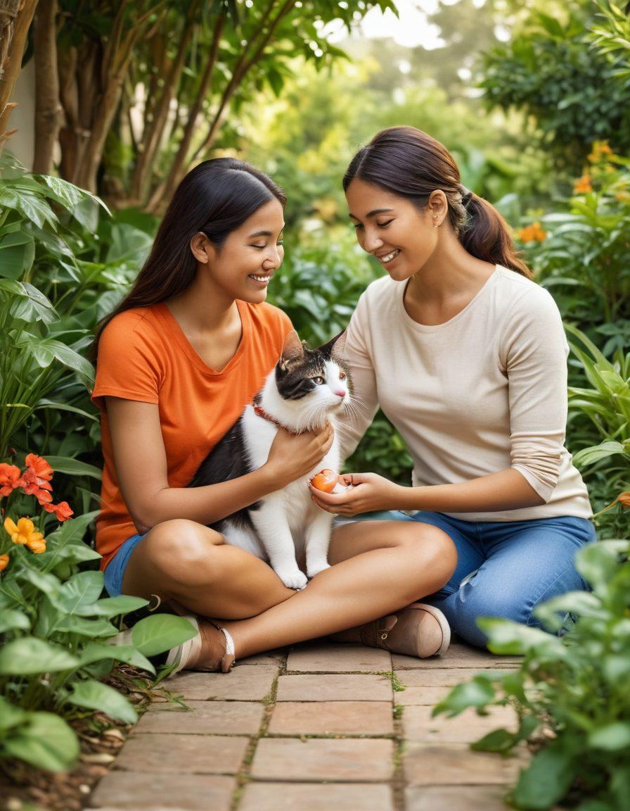 A heartwarming scene of a family gently caring for their pet cat and dog, surrounded by vibrant greenery, symbolizing responsible pet ownership. Include signs of sterilization awareness, like a checkmark symbol and care items such as toys and food. The family, diverse in ethnicity, smiles as they engage with their pets, showcasing love and responsibility. Use soft, warm colors to evoke compassion and warmth. super-realistic. vibrant colors.