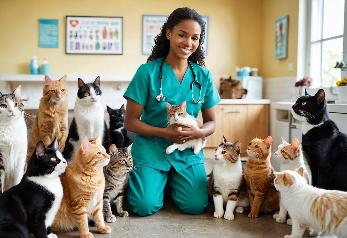 A heartwarming scene depicting a veterinarian gently spaying a cat, surrounded by happy pets waiting for their turn, showcasing responsible pet ownership. Imagery emphasizes community wellness through a colorful pet adoption event in the background, with families engaging and learning about spay and neuter services. Bright and inviting, the setting should convey a message of compassion and care for animals. super-realistic. vibrant colors. community atmosphere.