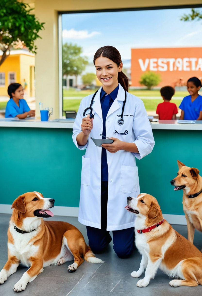 A compassionate veterinarian performing a spay procedure on a friendly dog in a well-lit clinic. Surrounding the clinic are happy pet owners, children playing with their pets, and a vibrant community park in the background, symbolizing the positive impact of spay and neuter services on community welfare. Bright and inviting colors showcase the sense of health and happiness. 3D style. vibrant colors.